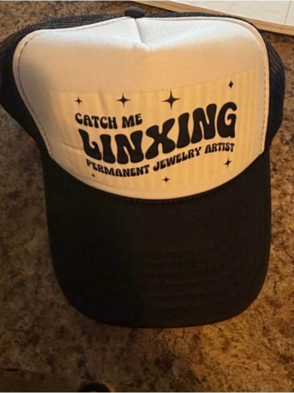 Black and White Trucker Hat with 'Catch Me Linxing' Graphic